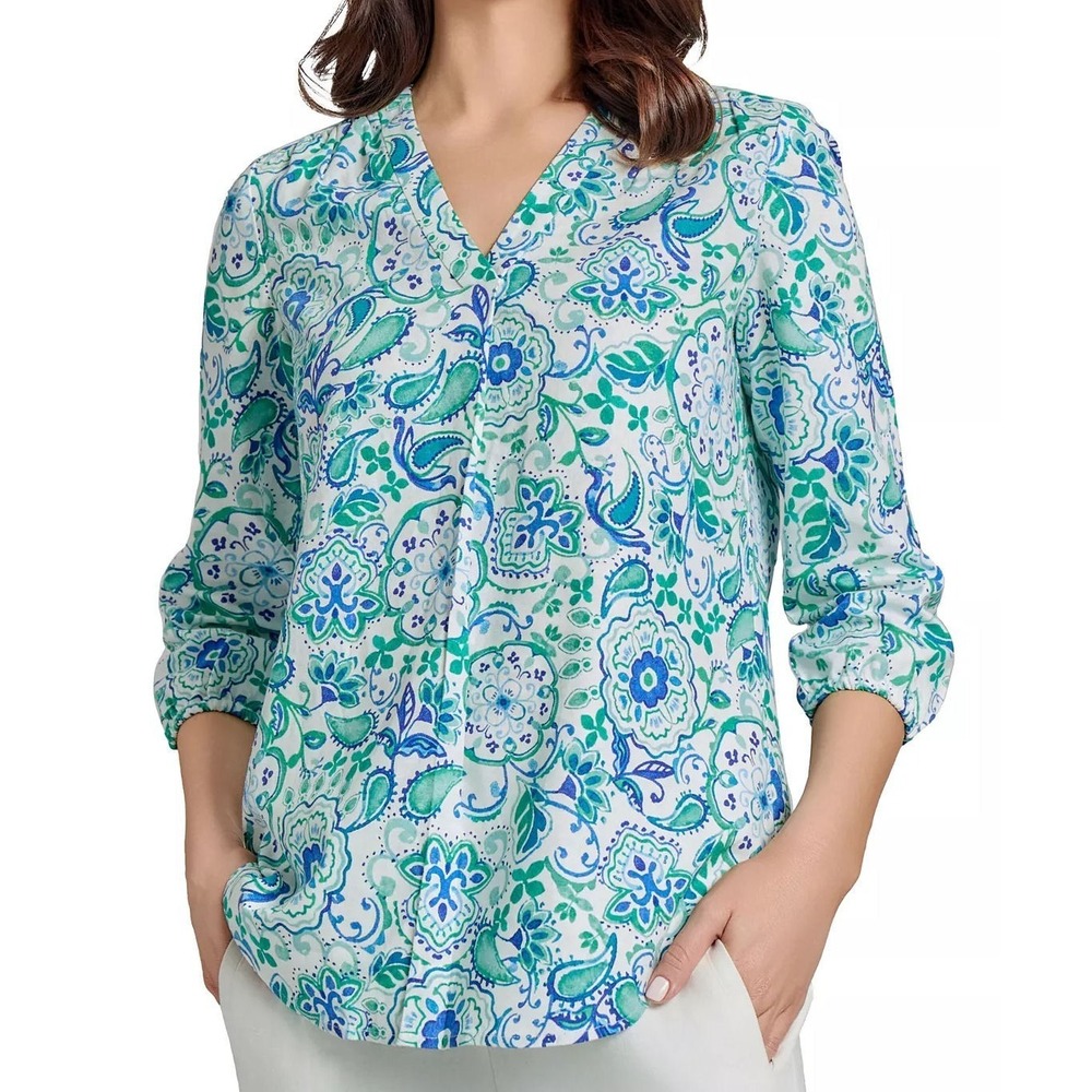 Jones New York Women's Paisley Print Linen Viscose Tunic - Blue/Green - PM